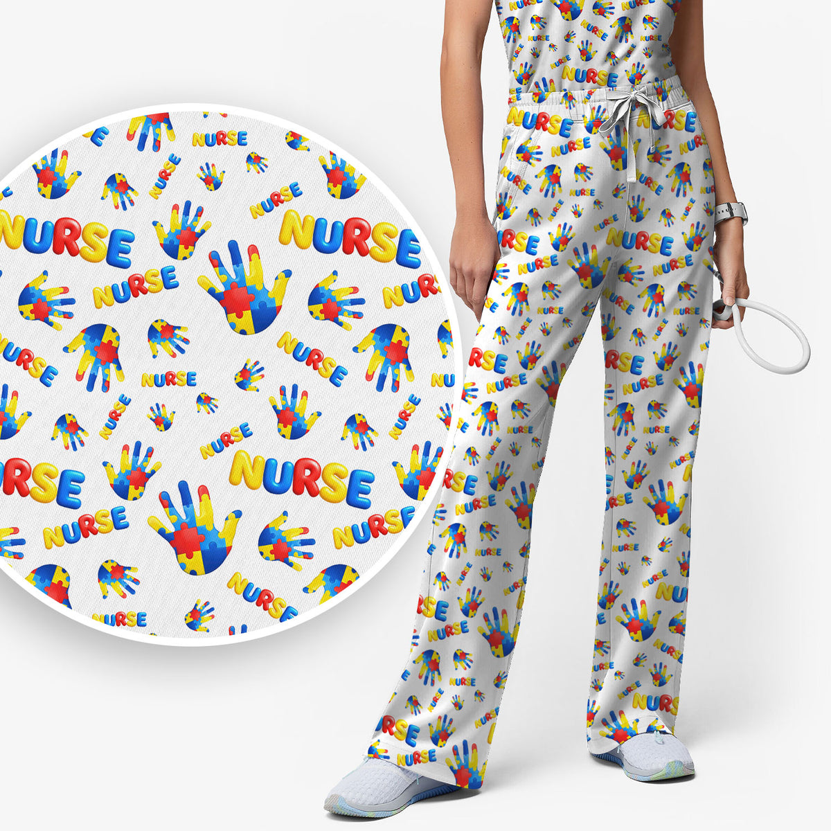 Colorful Autism Handprint Nurse Pattern Scrubs Set, Scrub Pants and V Neck Top