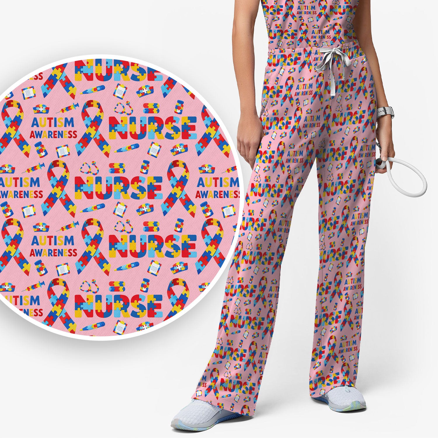 Autism Awareness Nurse Puzzle Ribbon Print Sets,  Breathable Med Uniform