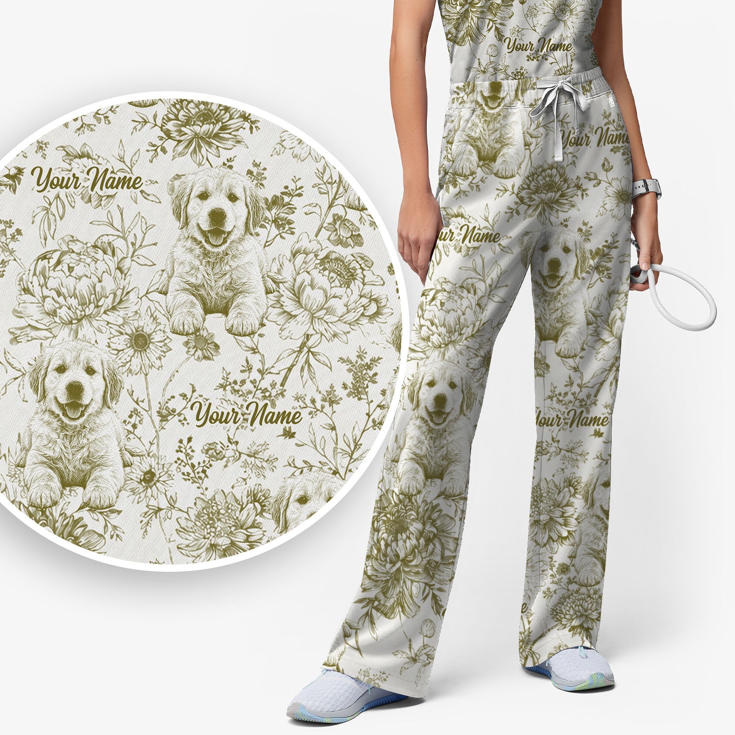 Personalized Custom Pet Photo Name Floral Pattern Scrub Set, Scrub Pants and V Neck Top