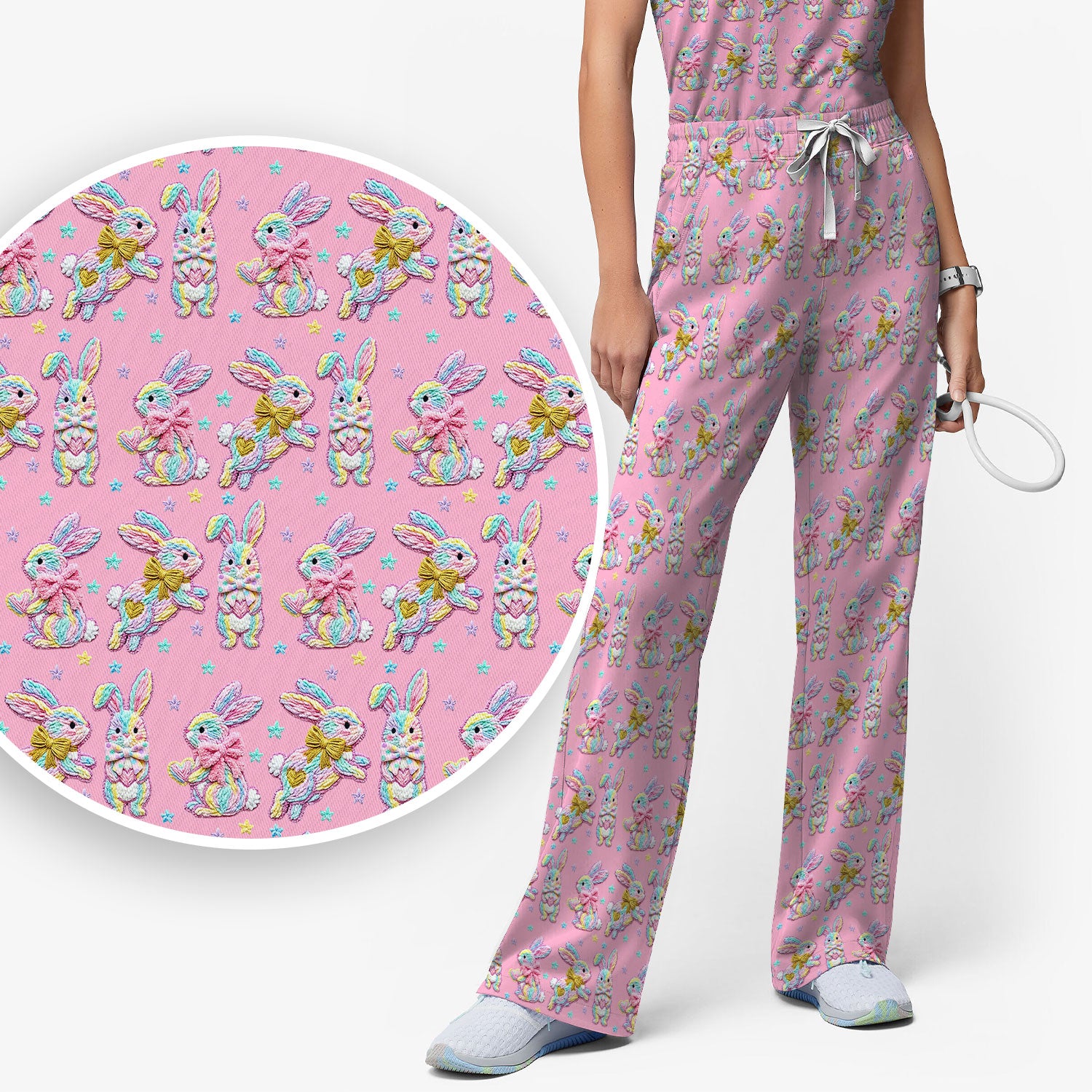 Cartoon Bunny All Over Print Set, Scrub Pants and V Neck Top