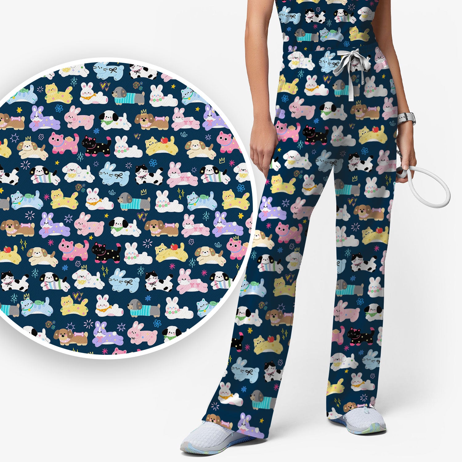 Cute Kawaii Animal Pattern Scrub Set, Scrub Pants and V Neck Top