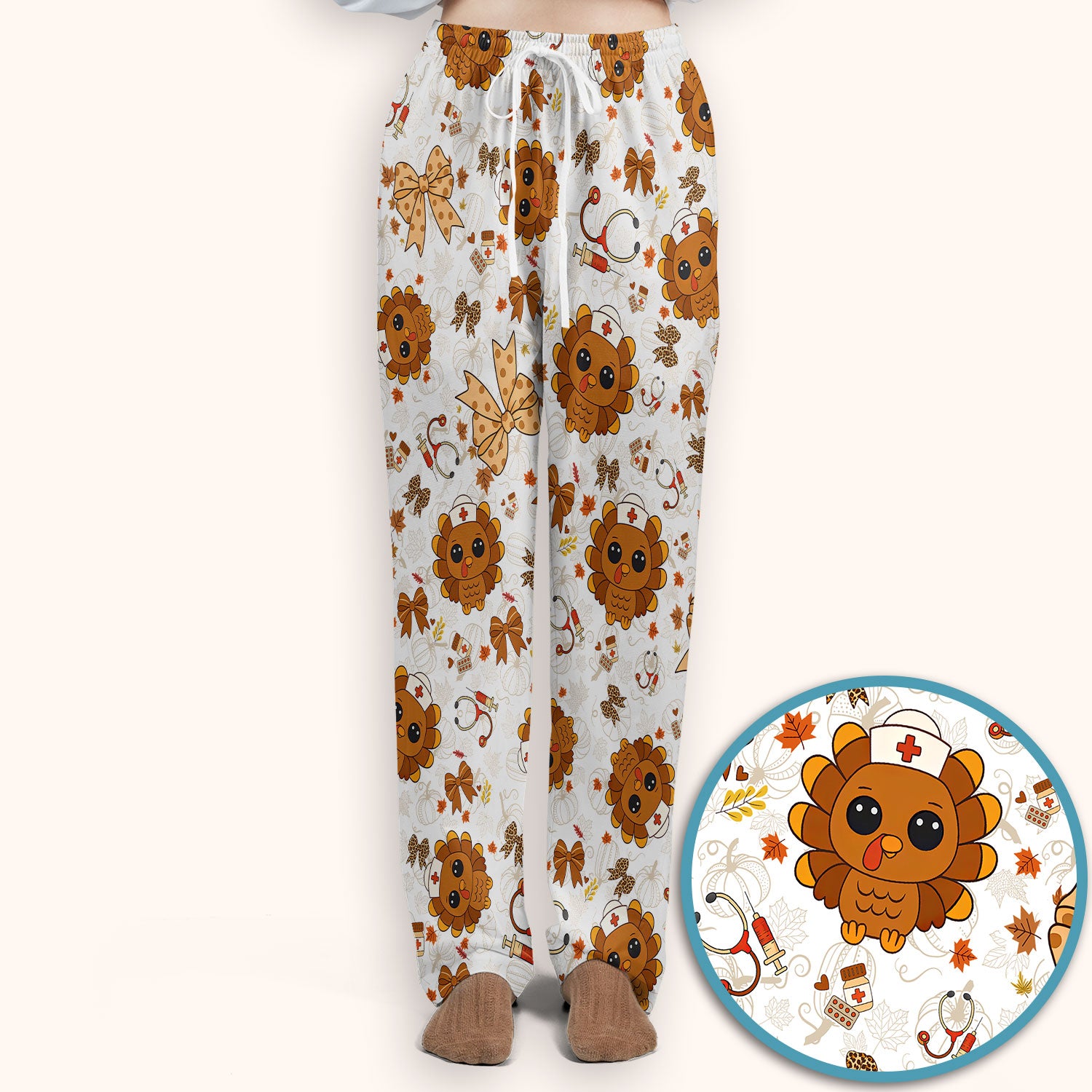 Thanksgiving Turkey Nurse Scrub Set for Women - Cute Fall Leaves and Bow Scrub Pants and V Neck Top - Autumn Medical Uniform