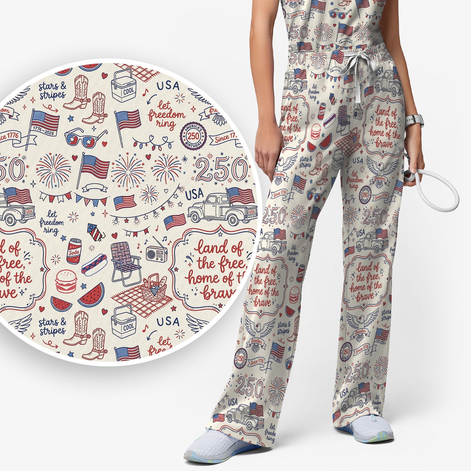 Vintage USA Freedom Print Scrub Set, Scrub Pants and V Neck Top