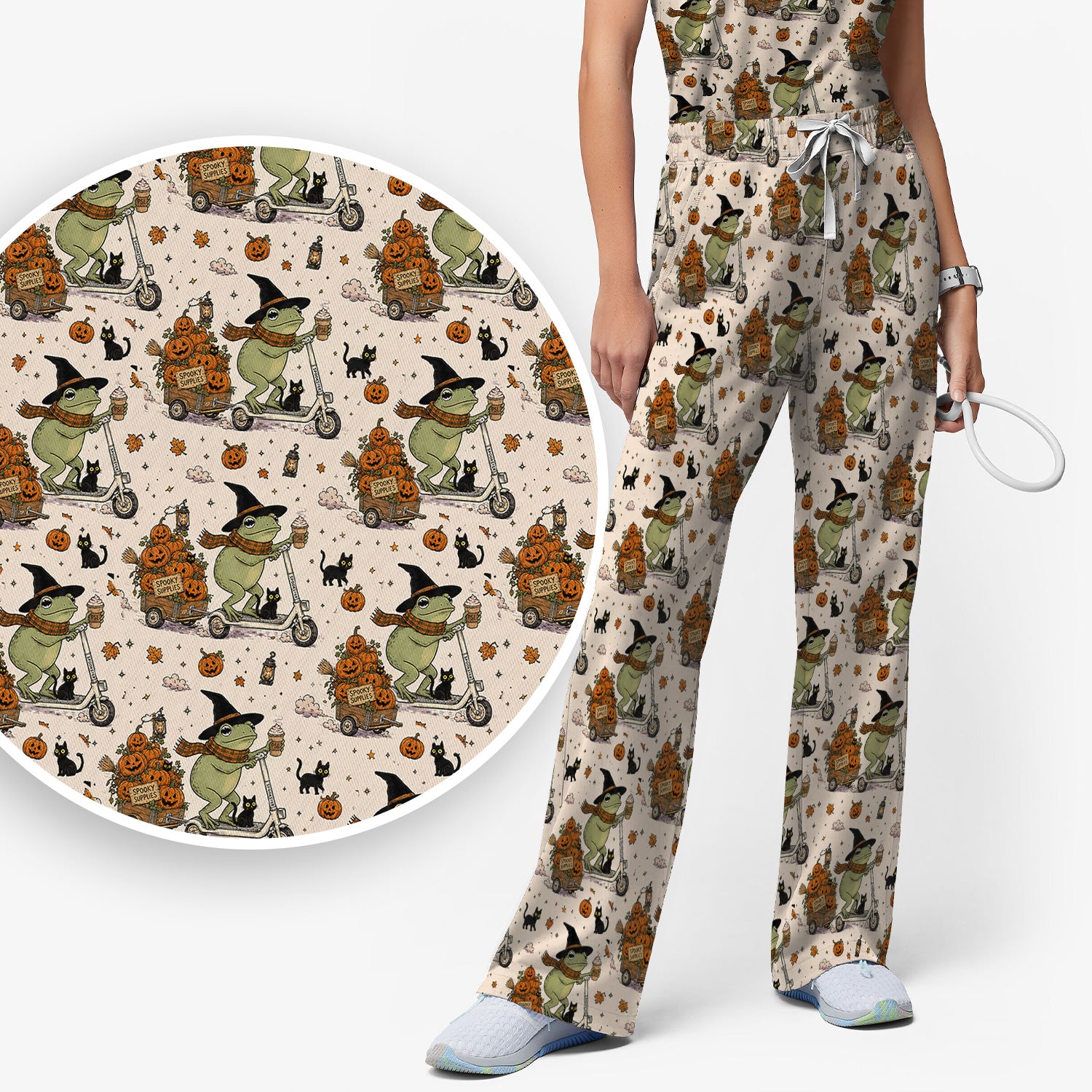 Cute Halloween Witch Frog And Pumpkins Scrub Set, Scrub Pants and V Neck Top
