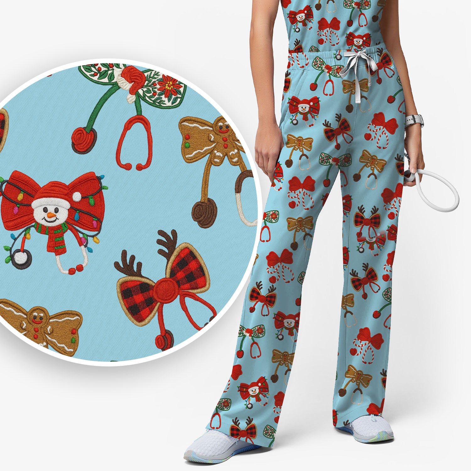 Christmas Stethoscope Bow Nurse Scrub Set, Xmas Pattern Scrub Shirt, Holiday Nursing Uniform