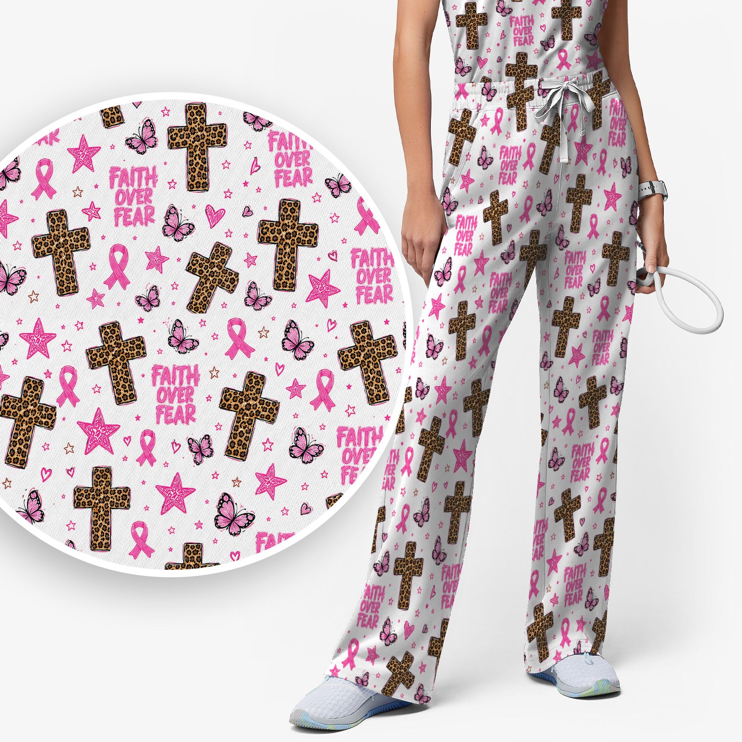 Faith Over Fear Breast Cancer Scrub Set, Scrub Pants and V Neck Top