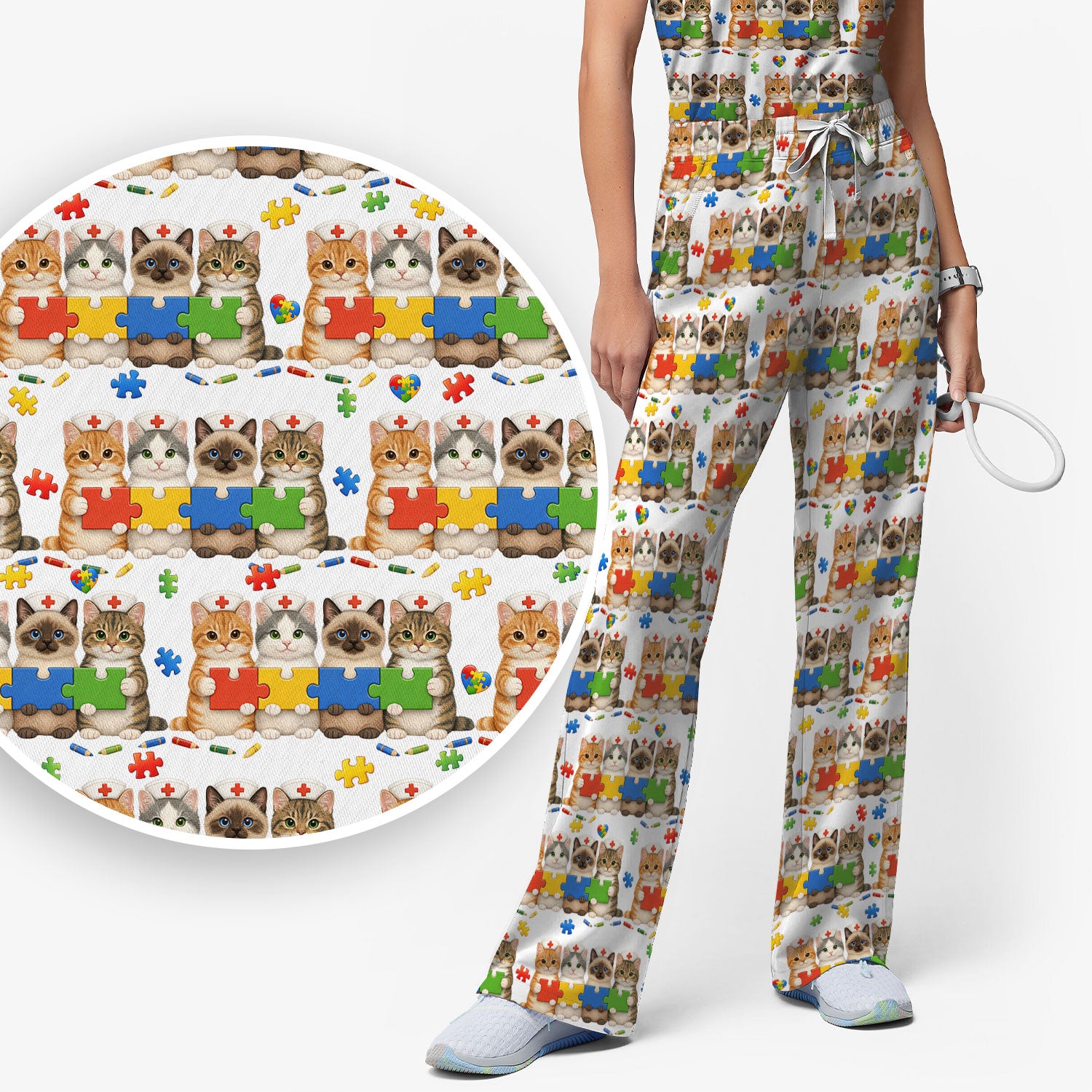 Autism Awareness Nurse Scrub Set, Cat Autism Pattern Nurses Shirt, Comfortable Uniform Scrubs For Nursing