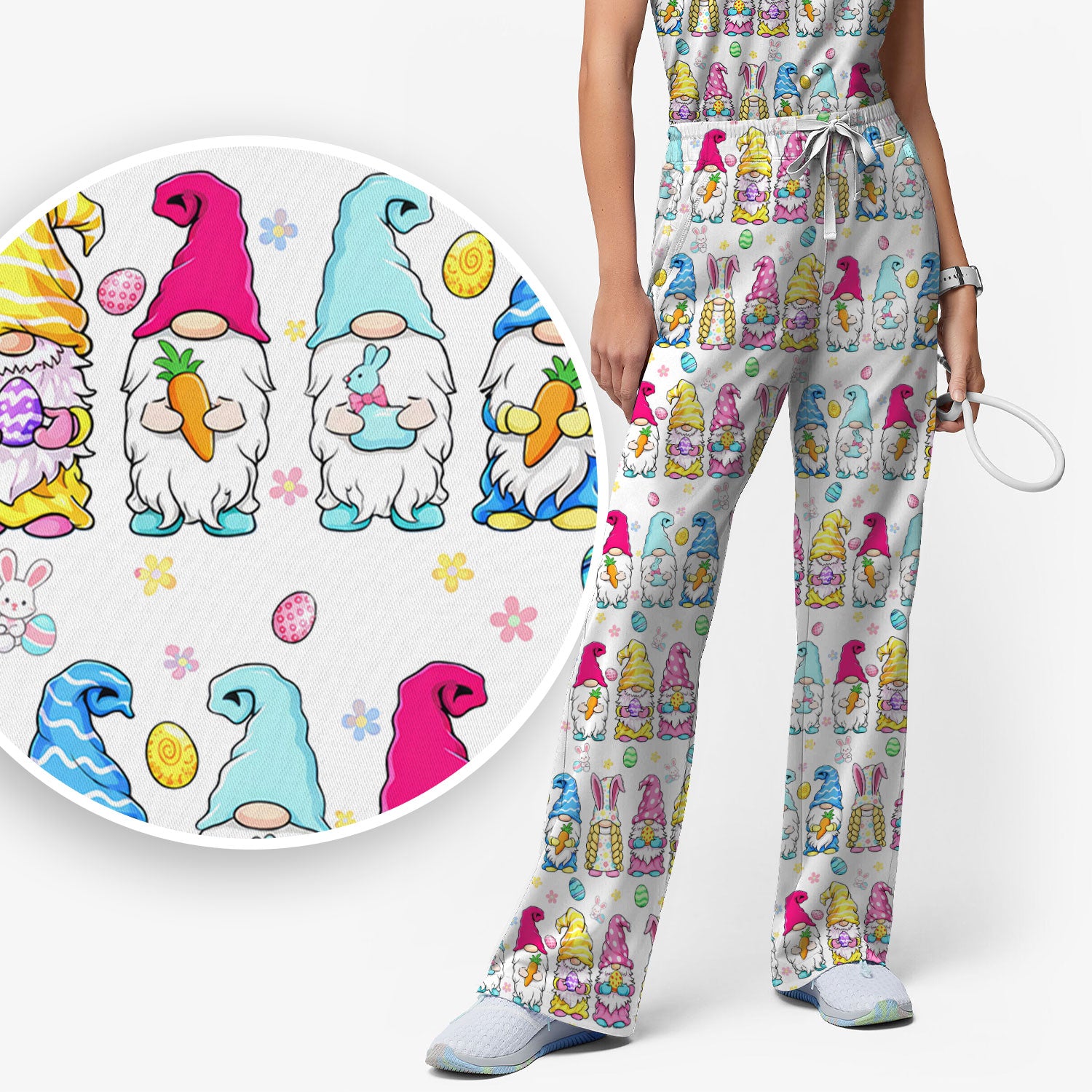 Colorful Easter Gnome Bunny Eggs Pattern Scrub Set, Women's Scrub Sets