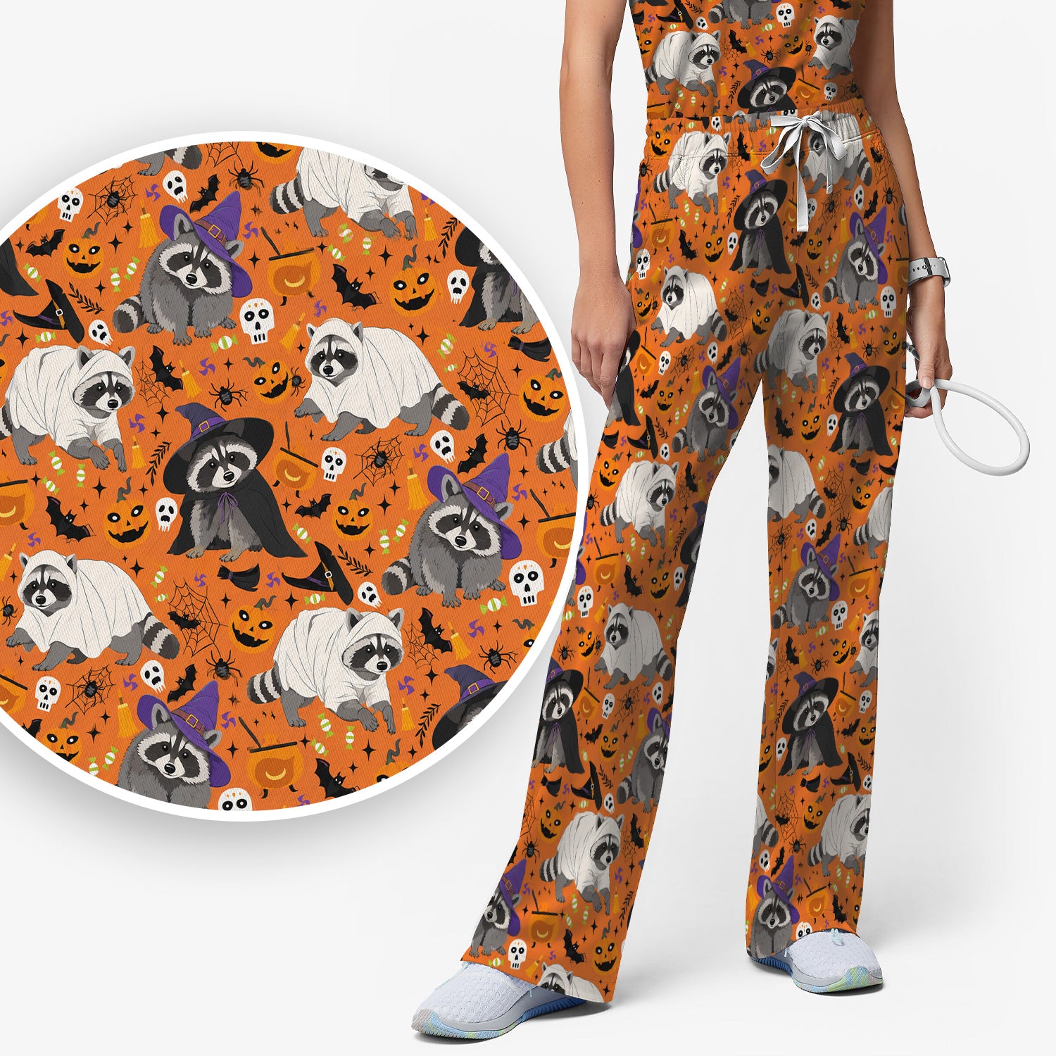 Cute Halloween Raccoon Costumes Print Scrub Set, Scrub Pants and V Neck Top
