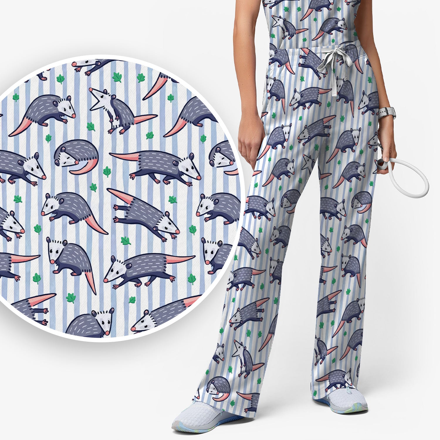 Cute Opossum Blue Stripe Pattern Scrub Set, Scrub Pants and V Neck Top