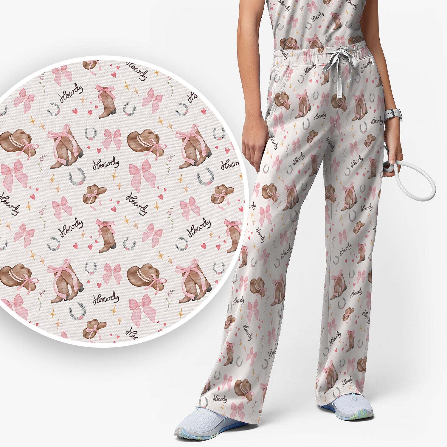 Cute Pink Cowgirl Boots Pattern Scrub Set, Scrub Pants and V Neck Top