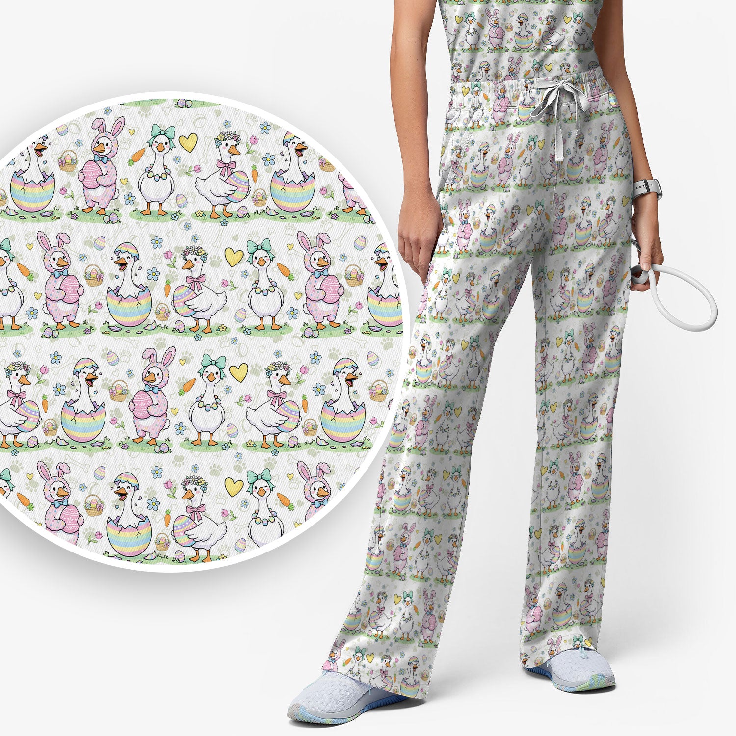 Spring Easter Goose and Bunny Print Scrub Set, Breathable Med Uniform
