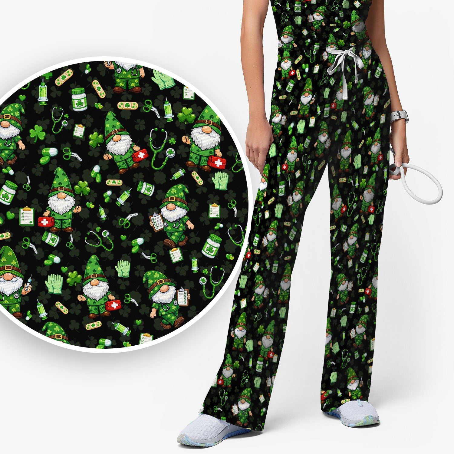 St. Patrick’s Day Nurse Gnome Scrub Set, Green Lucky Medical Pattern Nurse Shirt, Breathable Fabrics Nursing Uniform