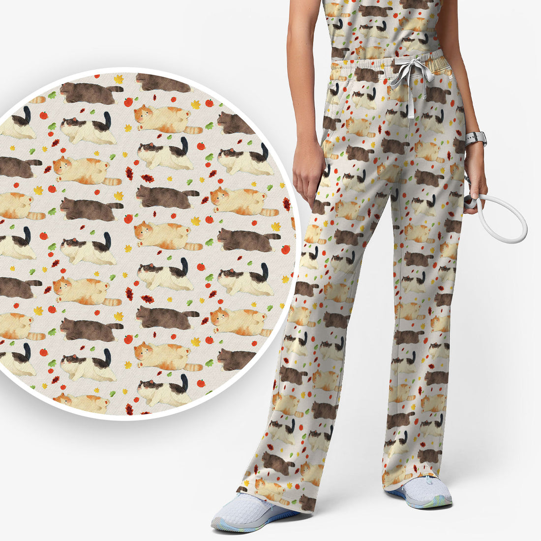 Chubby Cat Autumn Leaves Print Scrub Set, Breathable Med Uniform