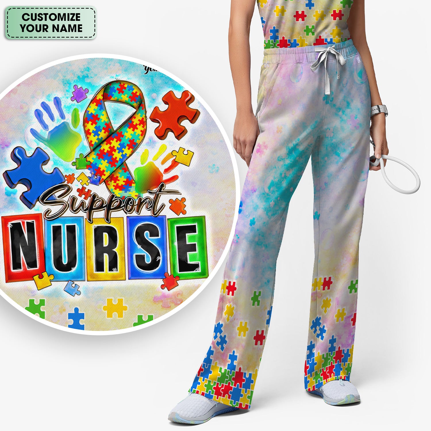 Personalized Inspirational Autism Awareness Nurse Puzzle Ribbon Pattern Scrub Set, Scrub Pants and V Neck Top