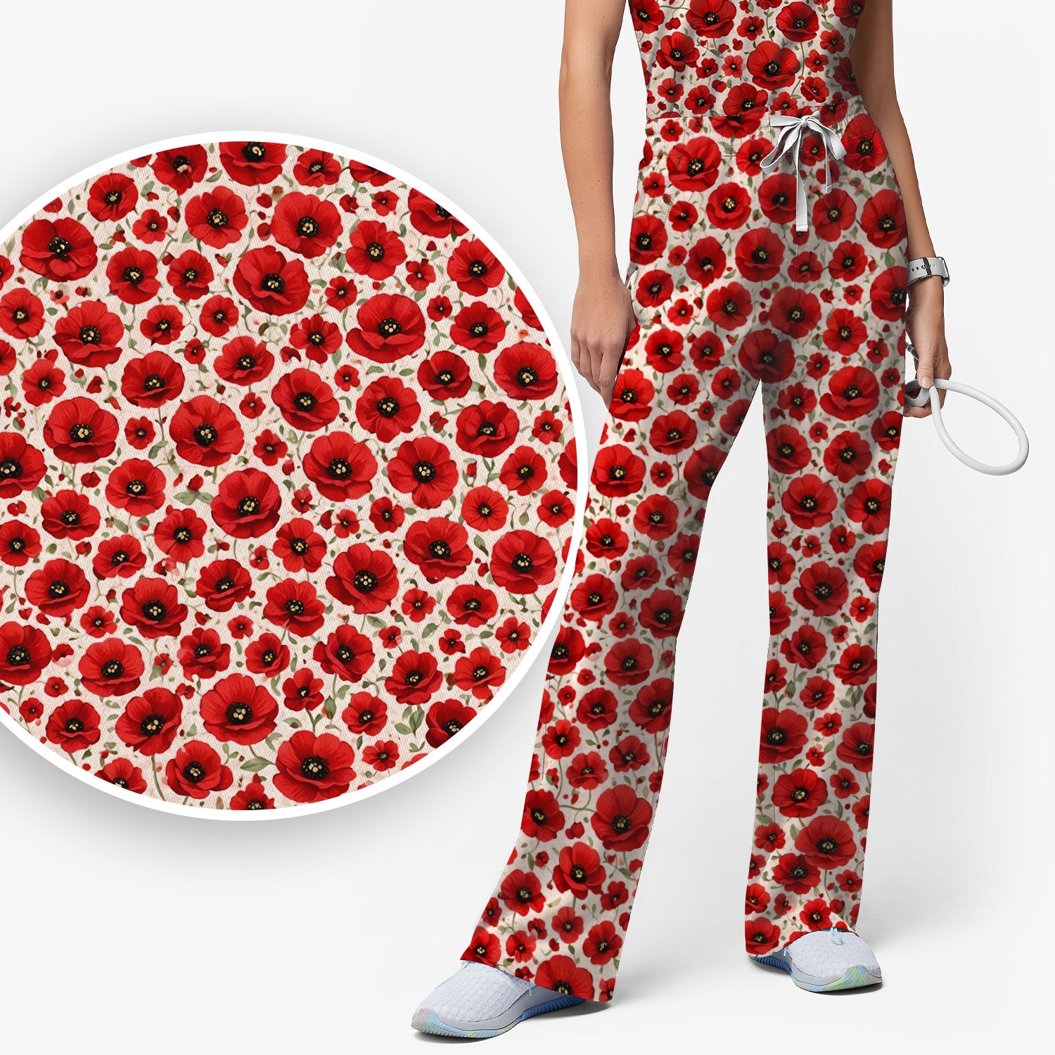Pretty Red Poppy Flower Garden Pattern Scrub Set, Scrub Pants and V Neck Top