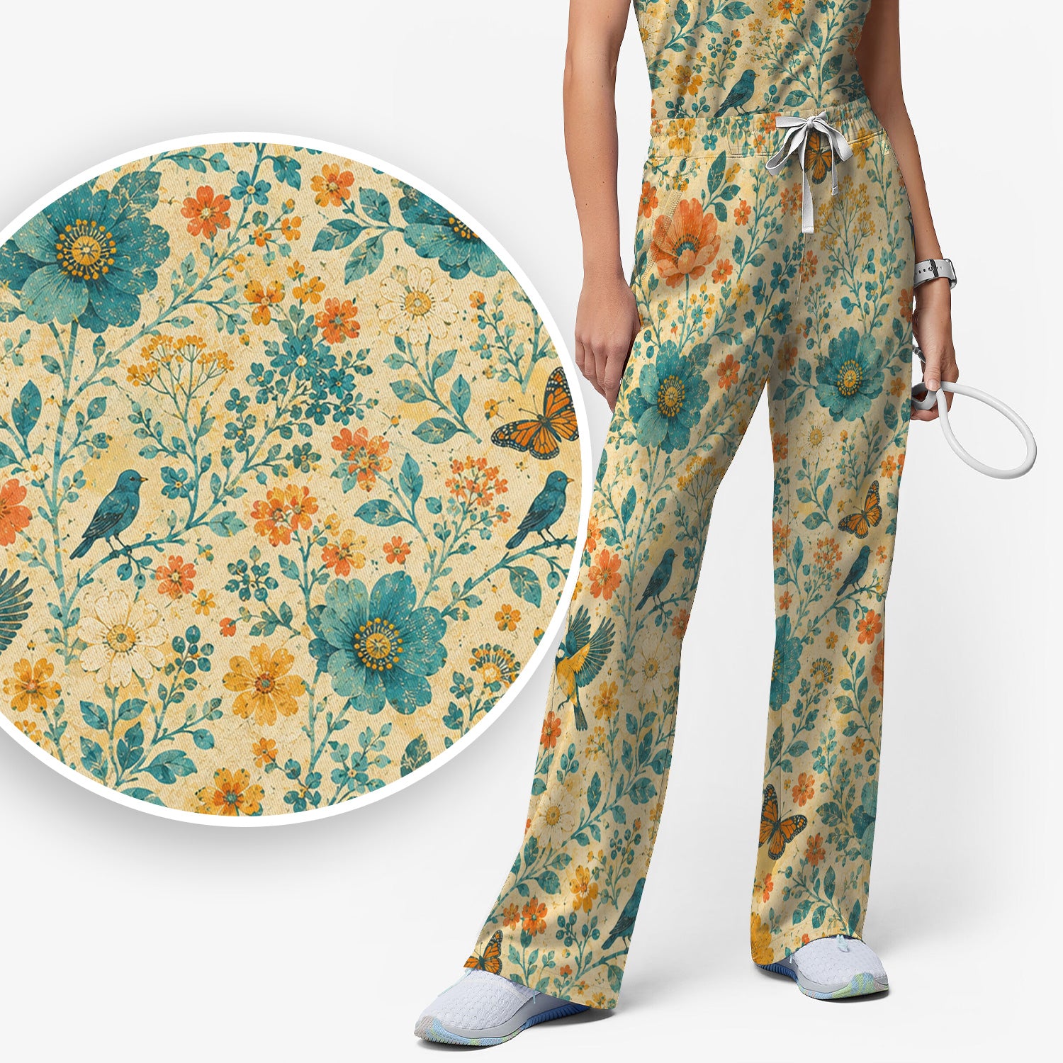 Vintage Floral Bird Butterfly Pattern Scrub Set, Scrub Pants and V Neck Top