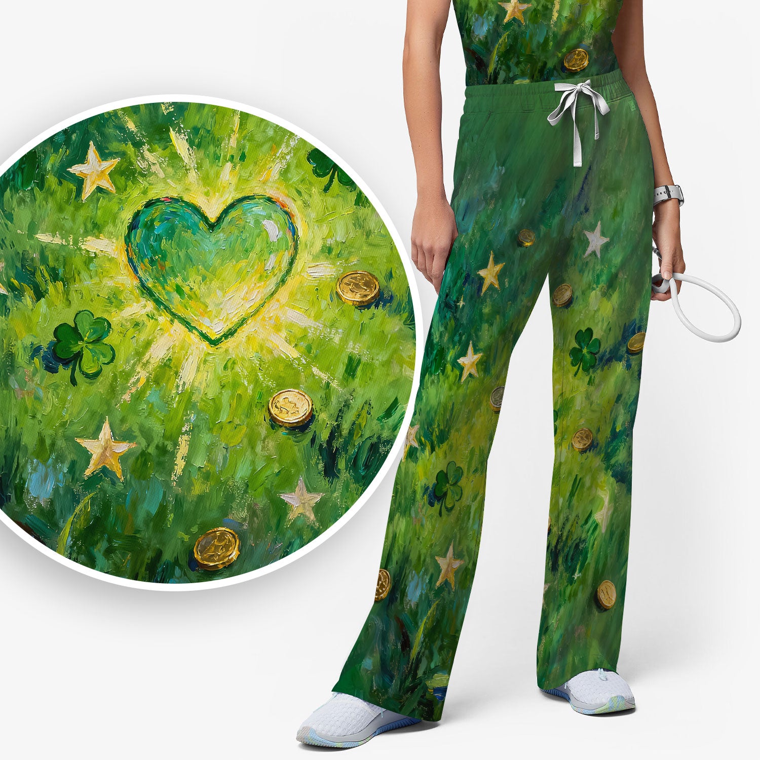 St. Patrick Lucky Shamrock Heart Scrub Set, Scrub Pants and V Neck Top