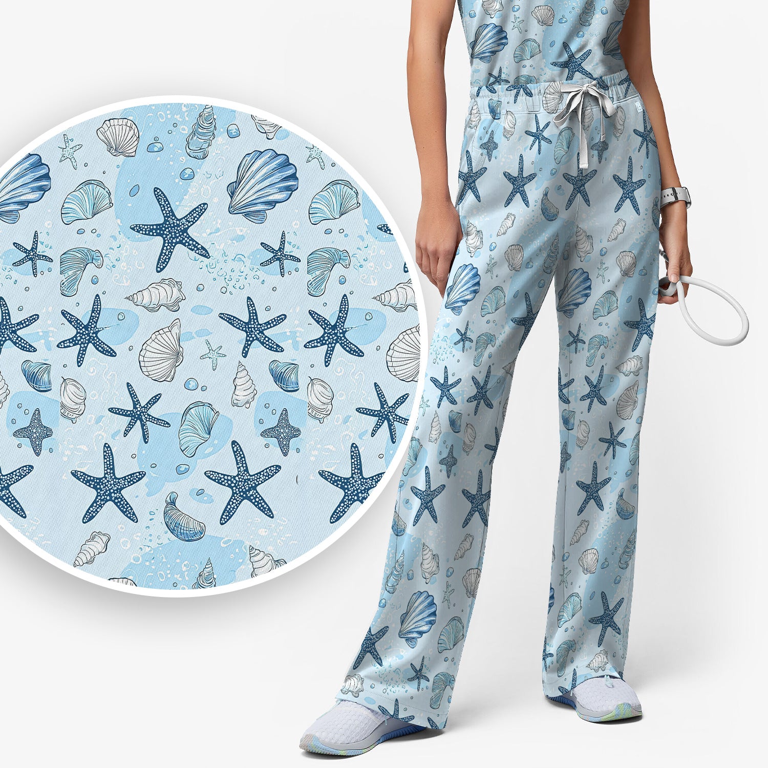 Ocean Shell And Starfish Print Scrub Set, Women's Scrub Sets