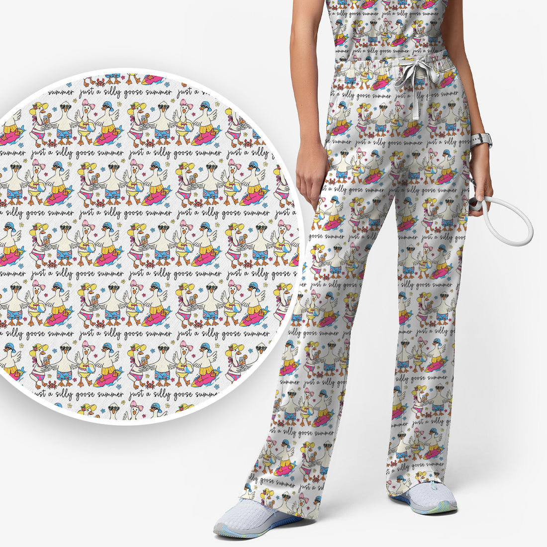 Funny Goose Summer Beach Pattern Scrub Set, Scrub Pants and V Neck Top