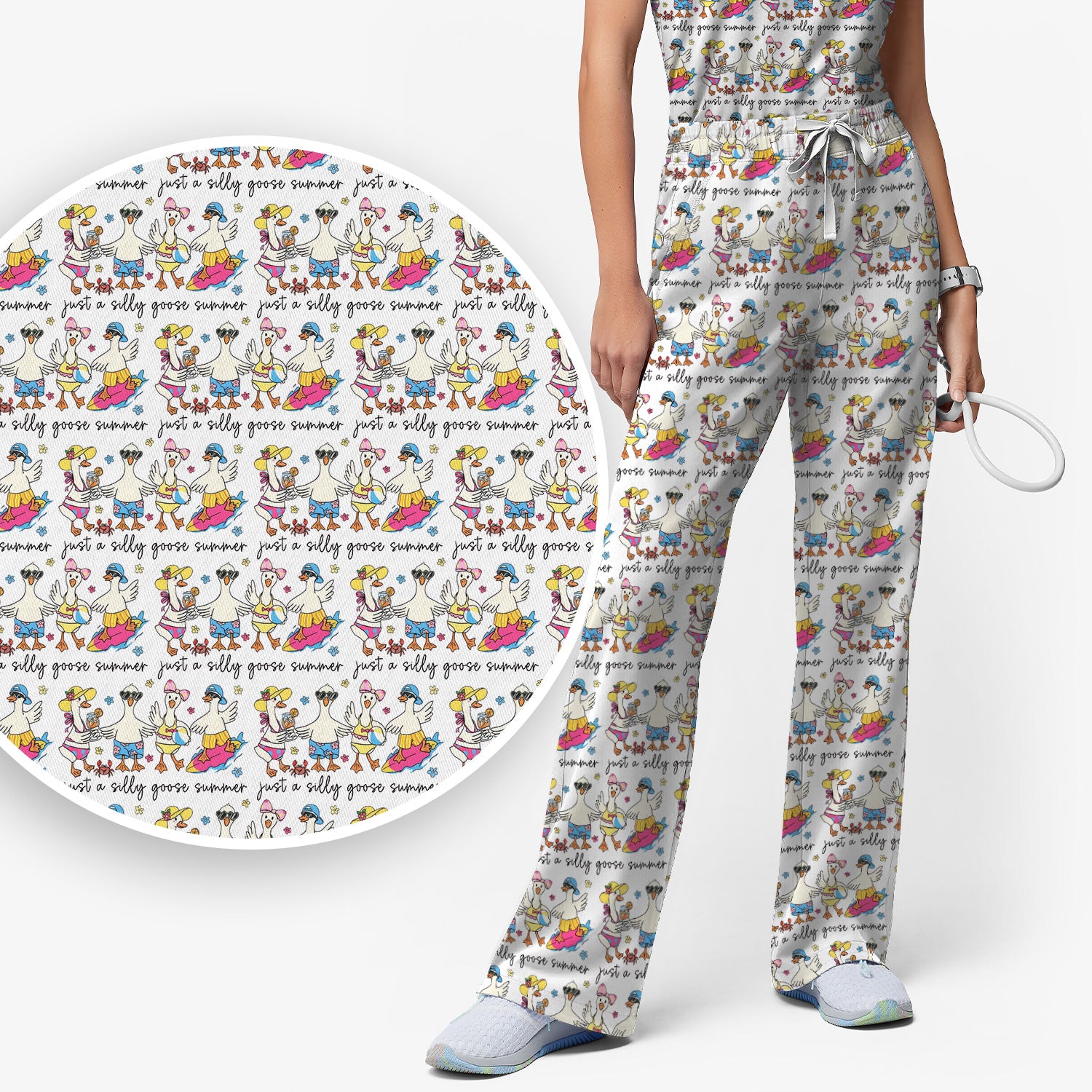 Funny Goose Summer Beach Pattern Scrub Set, Scrub Pants and V Neck Top