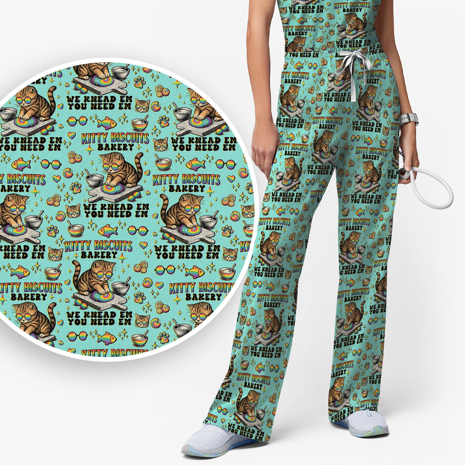 Pride Nurse Cat Baking Rainbow Dough Pattern Scrub Set, Women's Scrub Sets