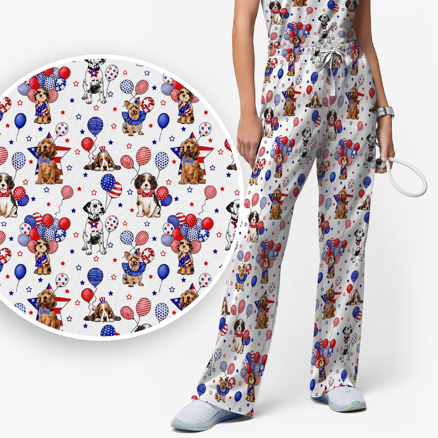 Patriotic Dogs With USA Flag Balloons Pattern Scrub Set, Scrub Pants and V Neck Top