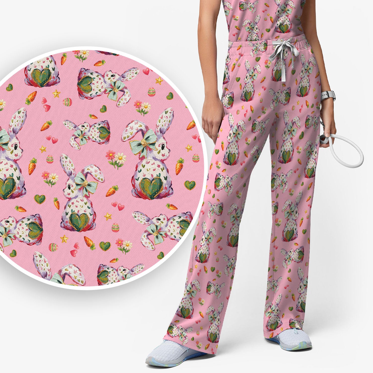 Cute Pastel Bunny Easter Pattern Scrub Set, Scrub Pants and V Neck Top