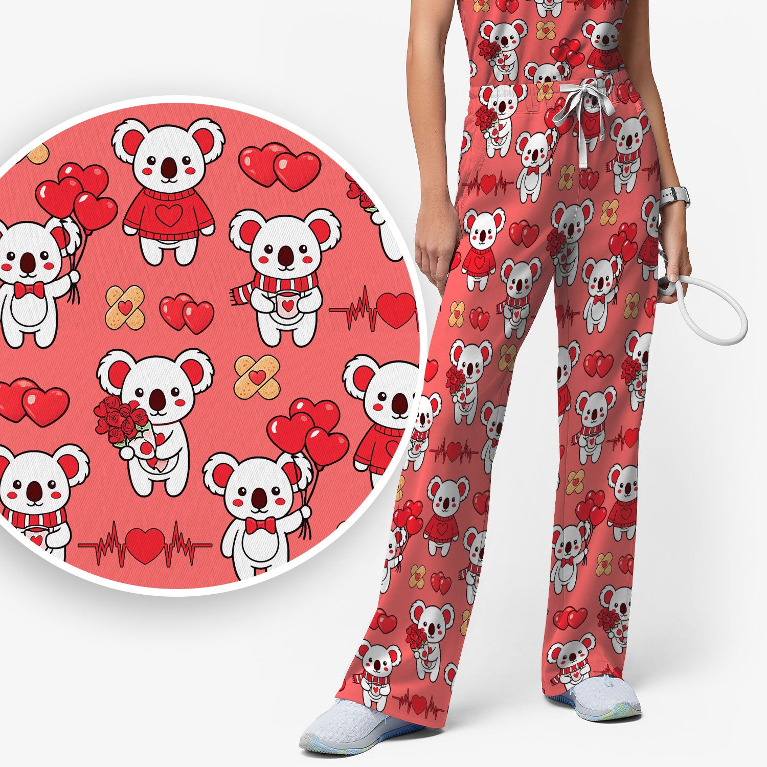 Sweet Koala Valentine Medical Design Scrub Set, Breathable Med Uniform