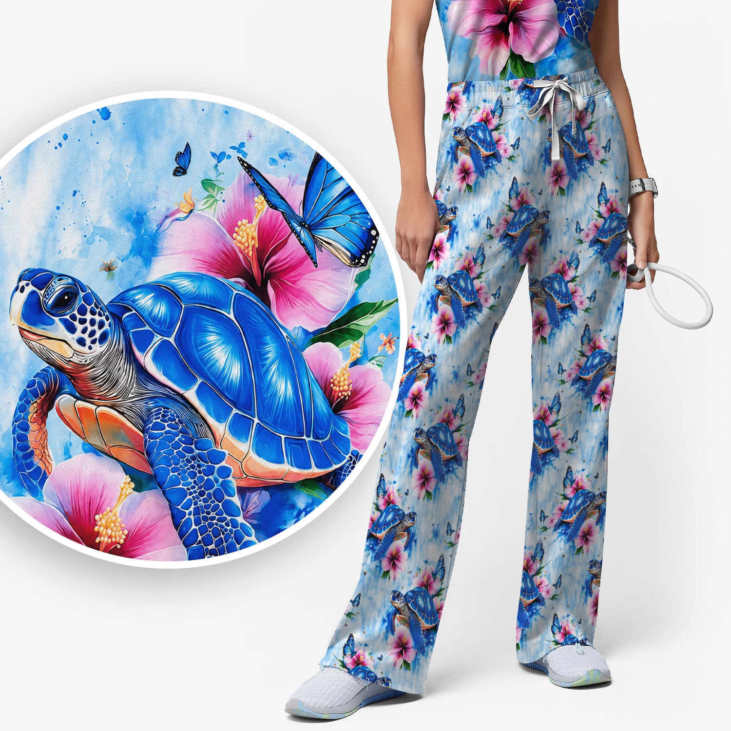 Blue Sea Turtle Hibiscus Butterfly Print Scrub Set, Scrub Pants and V Neck Top