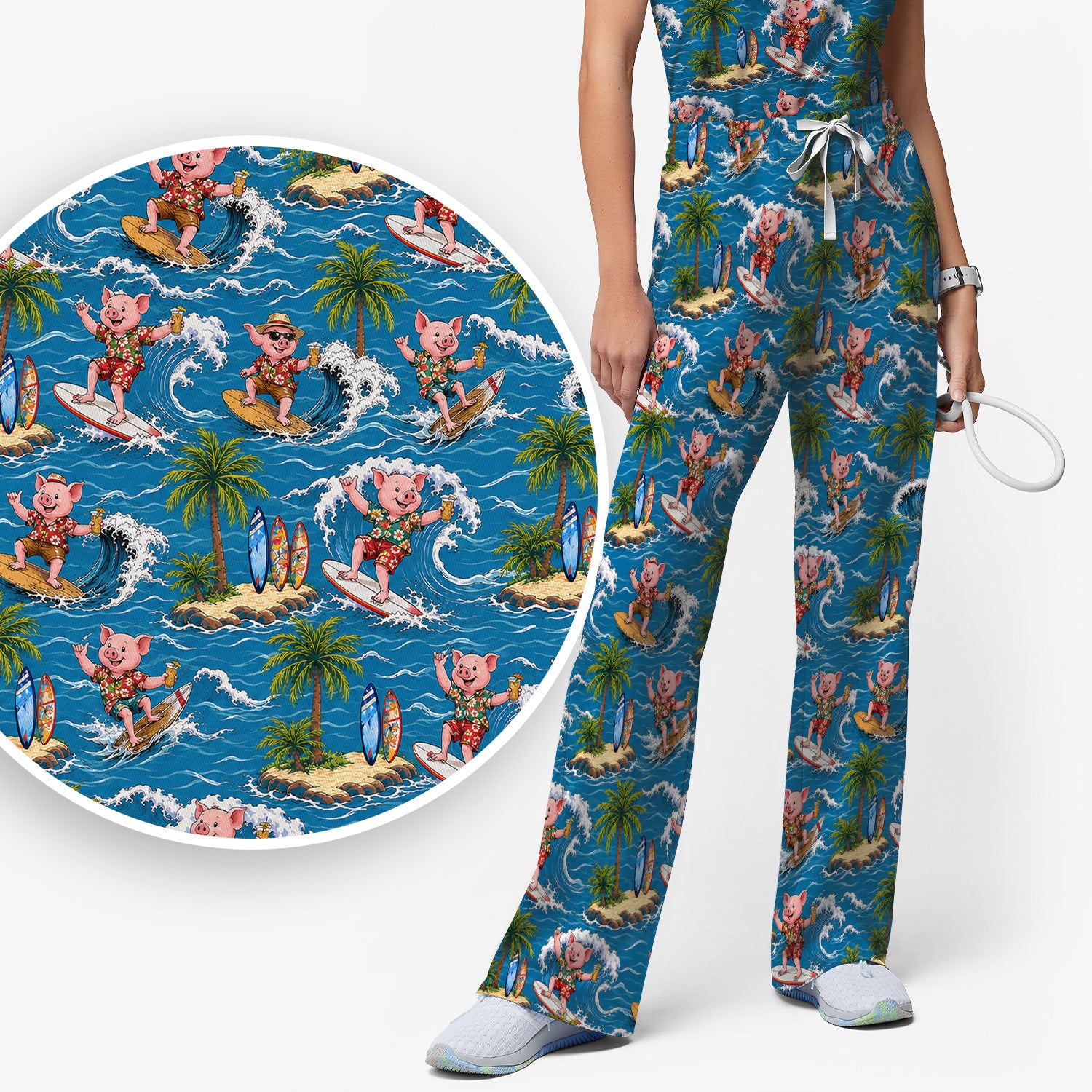 Tropical Surfing Pig Island Pattern Scrub Set, Scrub Pants and V Neck Top