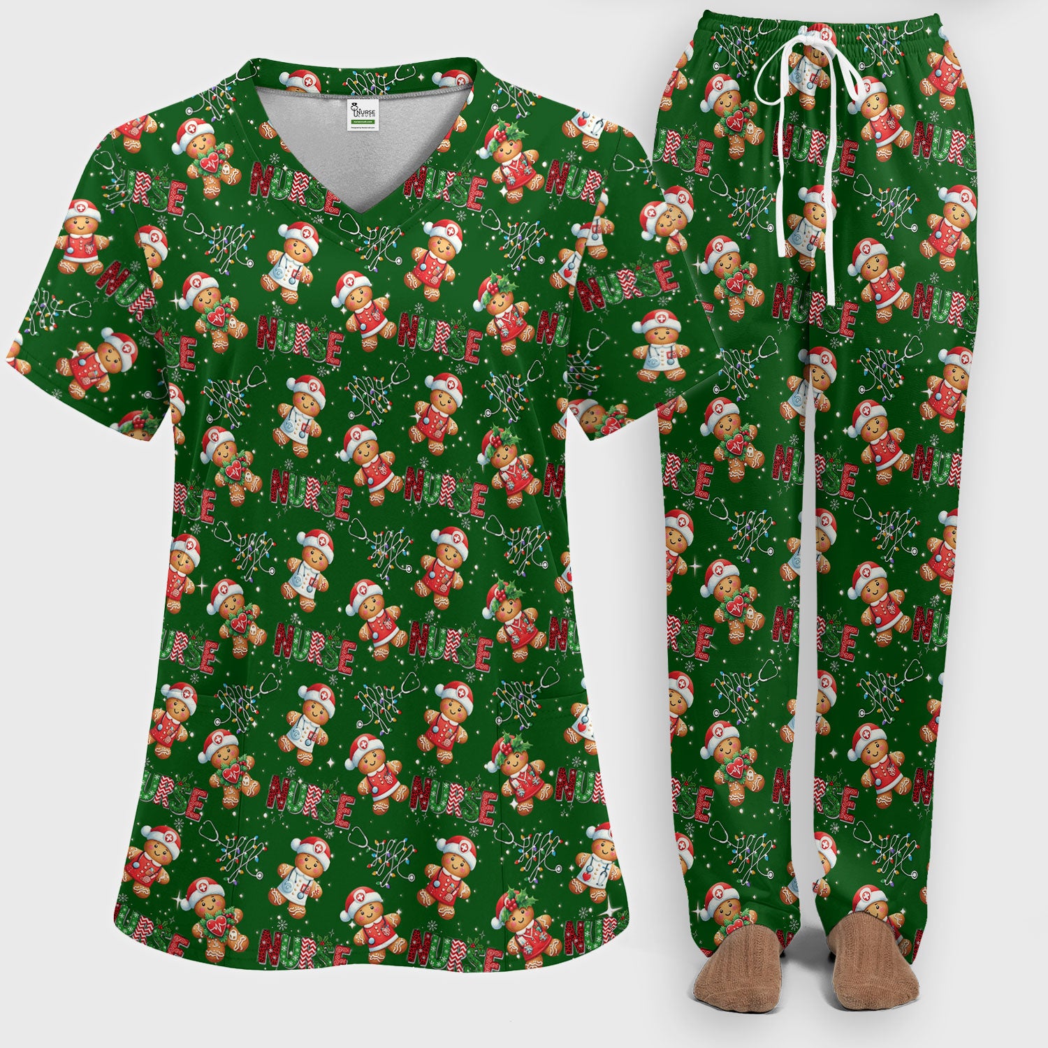 Christmas Gingerbread Women's Scrub Sets - Comfortable Scrubs for Nurses - Funny Xmas Scrub Pants and V Neck Top for RN CNA LPN
