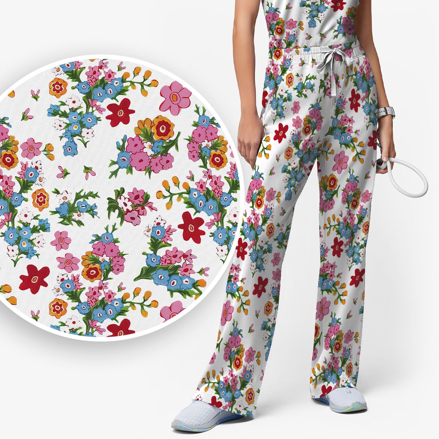 Charming Vintage Floral Bouquet Pattern Scrub Set, Nurse Uniform Scrubs Set