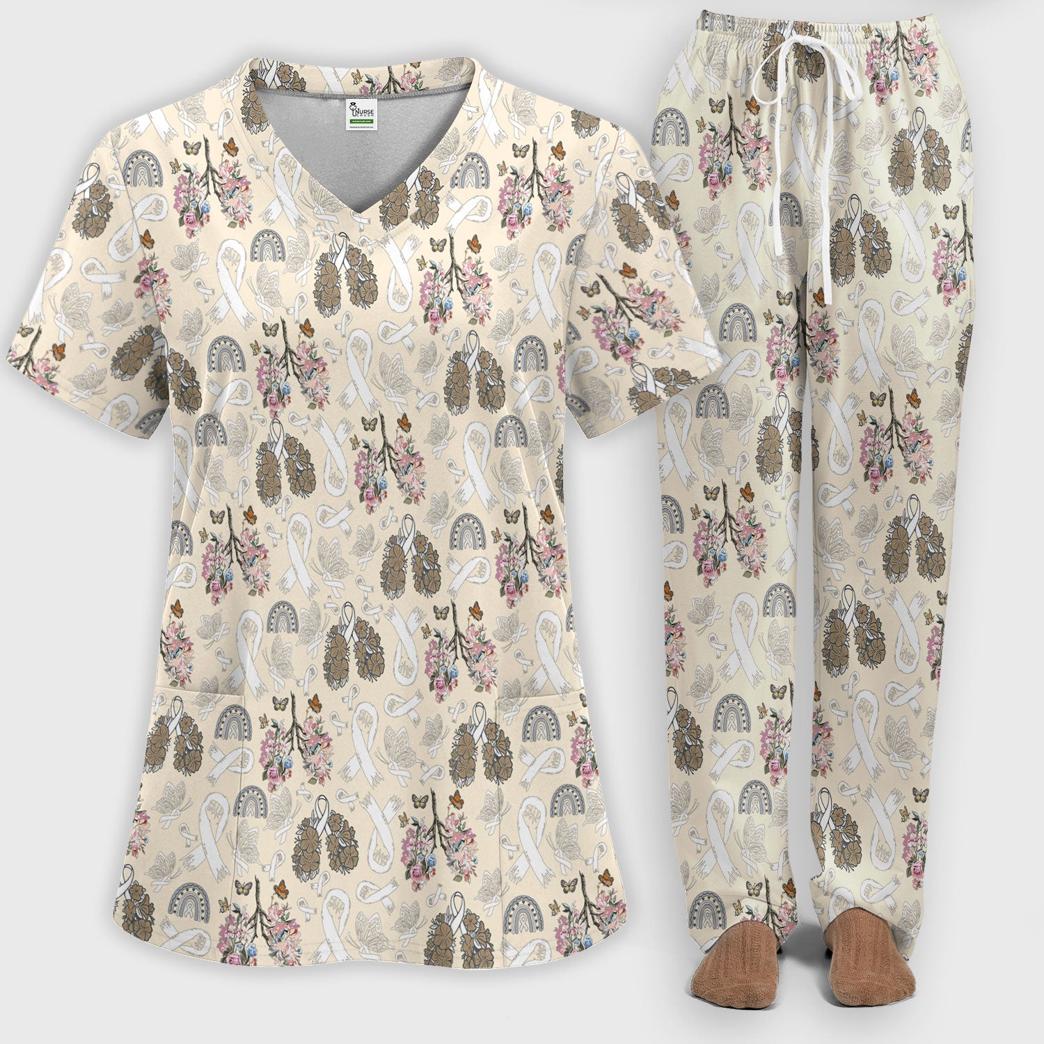 Lung Cancer Awareness Scrub Sets for Women - White Ribbon Butterfly Floral Scrub Pants and V Neck Top - Comfortable Med Uniform for Her