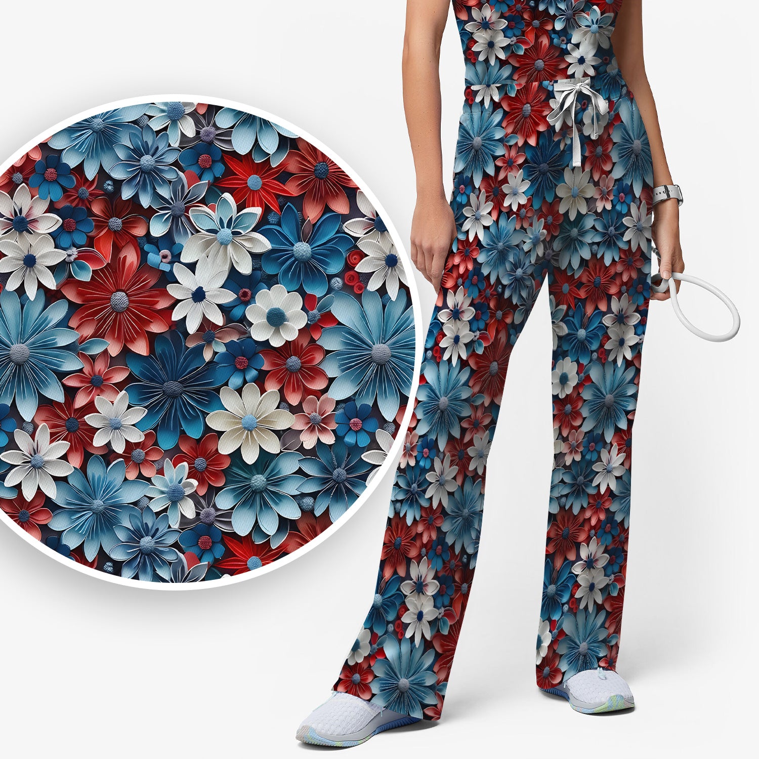 Patriotic 3D Floral Nurse for RN & CNA, Red Blue White Healthcare Workers Uniform Scrub Set, Scrub Pants and V Neck Top