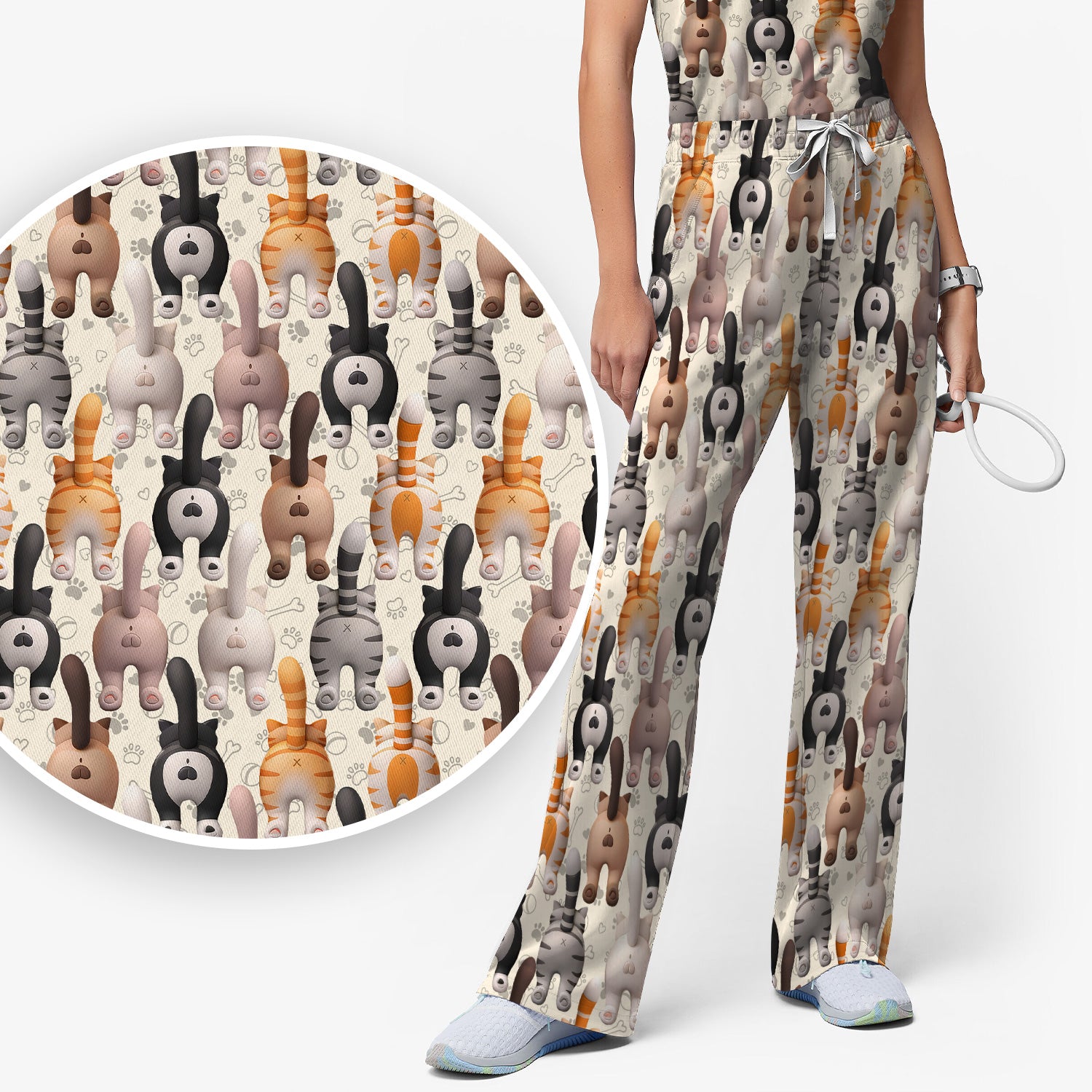 Funny Cat Butt Paw Print Pattern Scrub Set, Nurse Uniform Scrubs Set