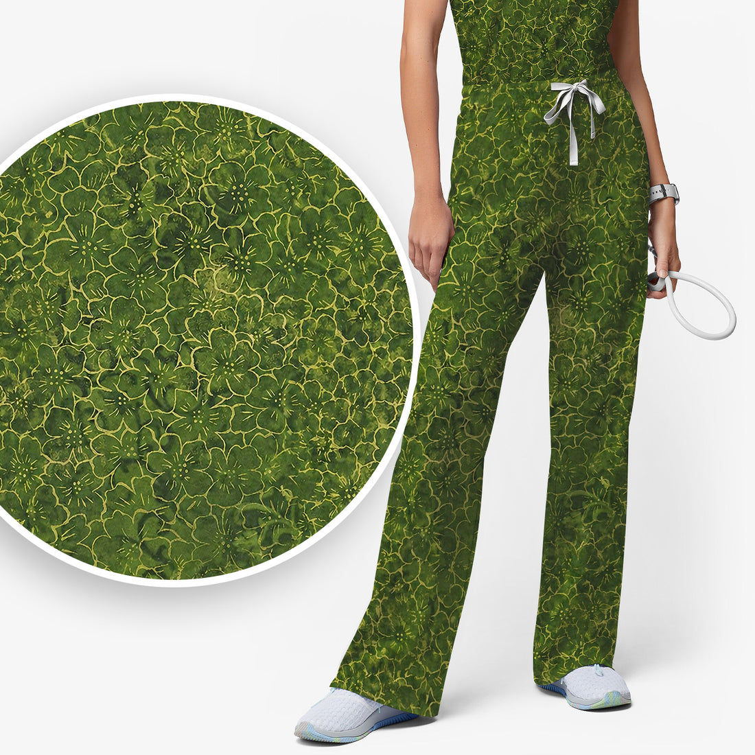 Green Floral Blossom Pattern Scrub Set, Scrub Pants and V Neck Top