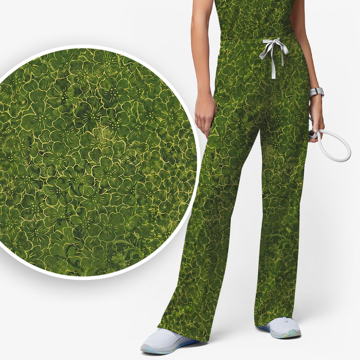 Green Floral Blossom Pattern Scrub Set, Scrub Pants and V Neck Top