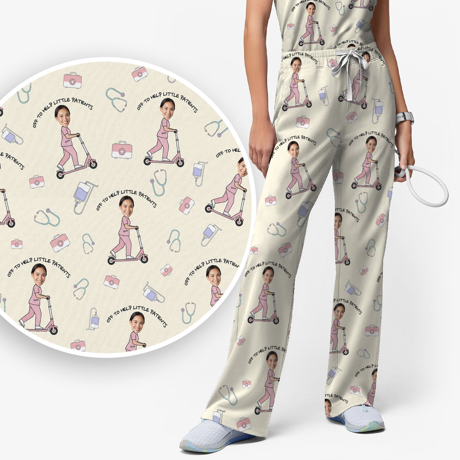 Custom Face Pediatric Nurse Scooter Pattern Scrub Set, Scrub Pants and V Neck Top