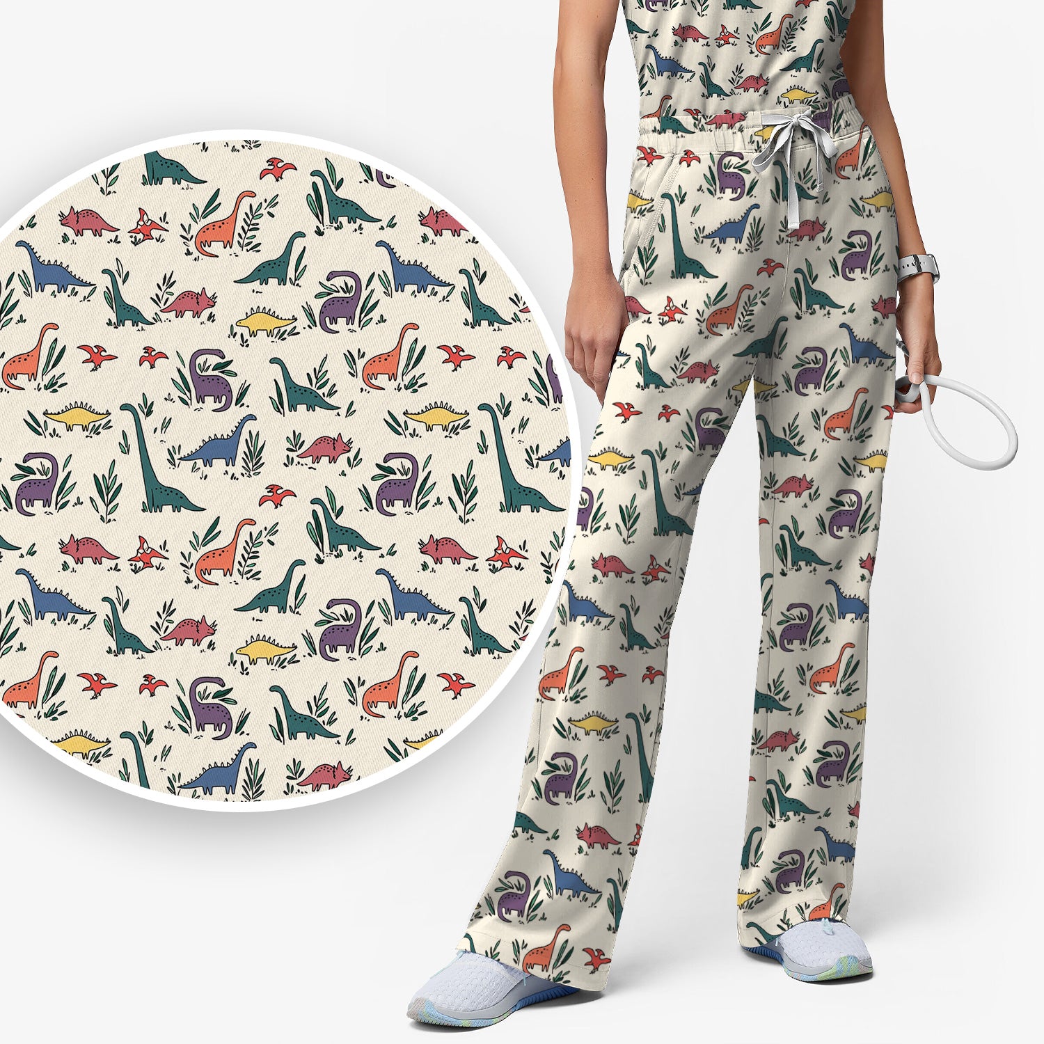 Cute Dinosaur Leafy Garden Pattern Scrub Set, Breathable Fabrics Nursing Uniform