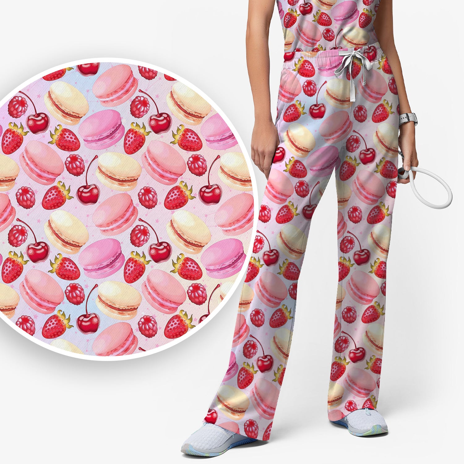 Sweet Dessert Pattern Scrub Set, Scrub Pants and V Neck Top