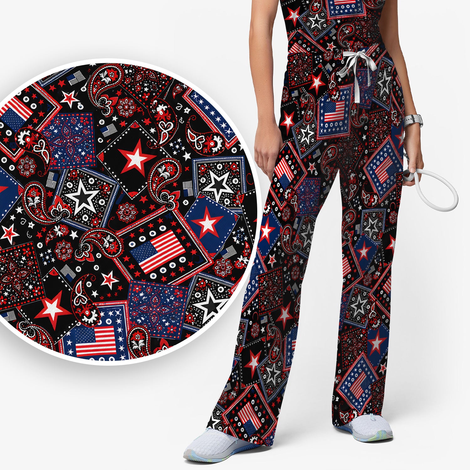 Patriotic Bandana With USA Flag Pattern Scrub Set, Scrub Pants and V Neck Top