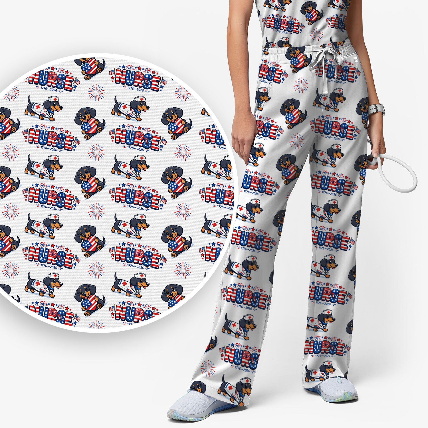 Proud Nurse Patriotic Dachshund Medical Firework Pattern Scrub Set, Nurse Uniform Scrubs Set