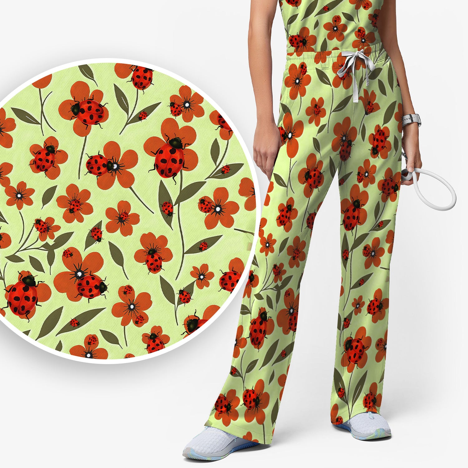 Ladybug on Orange Floral Garden Pattern Scrub Set, Breathable Med Uniform
