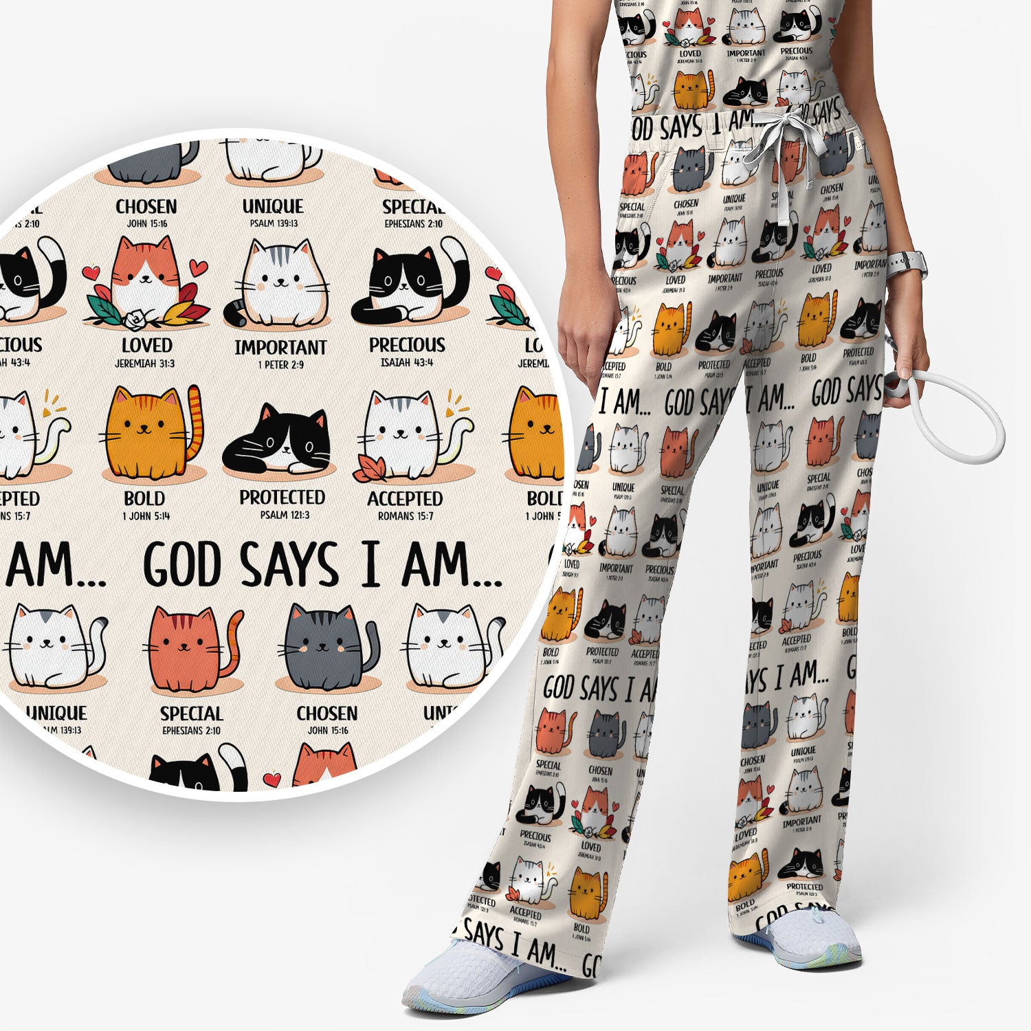 Cute Christian Cat God Says I Am Women's Scrub Set, Breathable Med Uniform