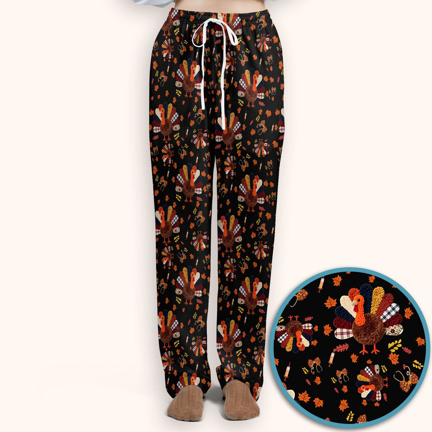 Thanksgiving Women's Scrub Sets - Funny Autumn Turkey Pants and V Neck Top - Breathable Fabrics Nursing Uniform