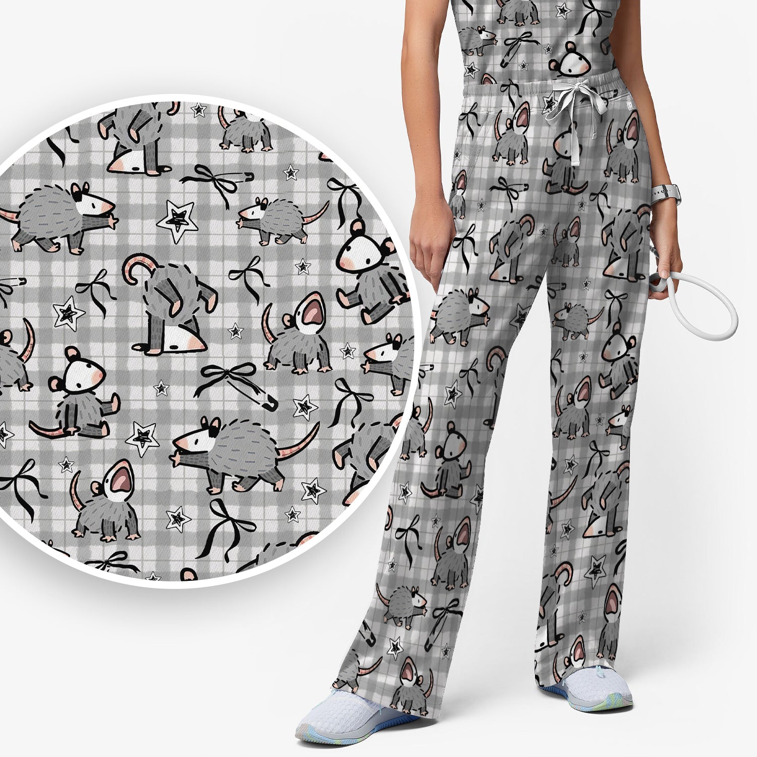 Funny Mouse Cartoon Pattern Scrub Set, Scrub Pants and V Neck Top
