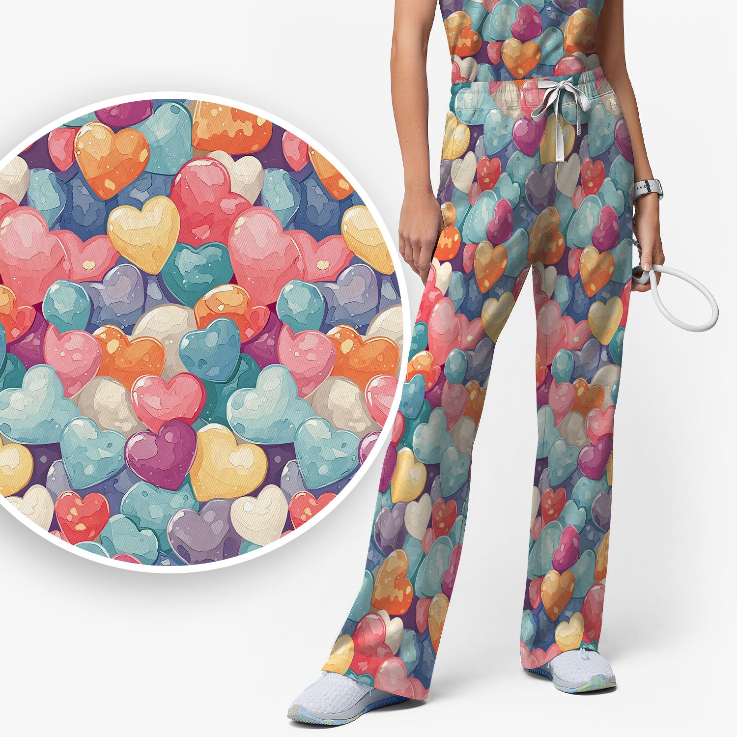 Sweet Valentine Heart Pediatric Pattern Scrub Set, Scrub Pants and V Neck Top