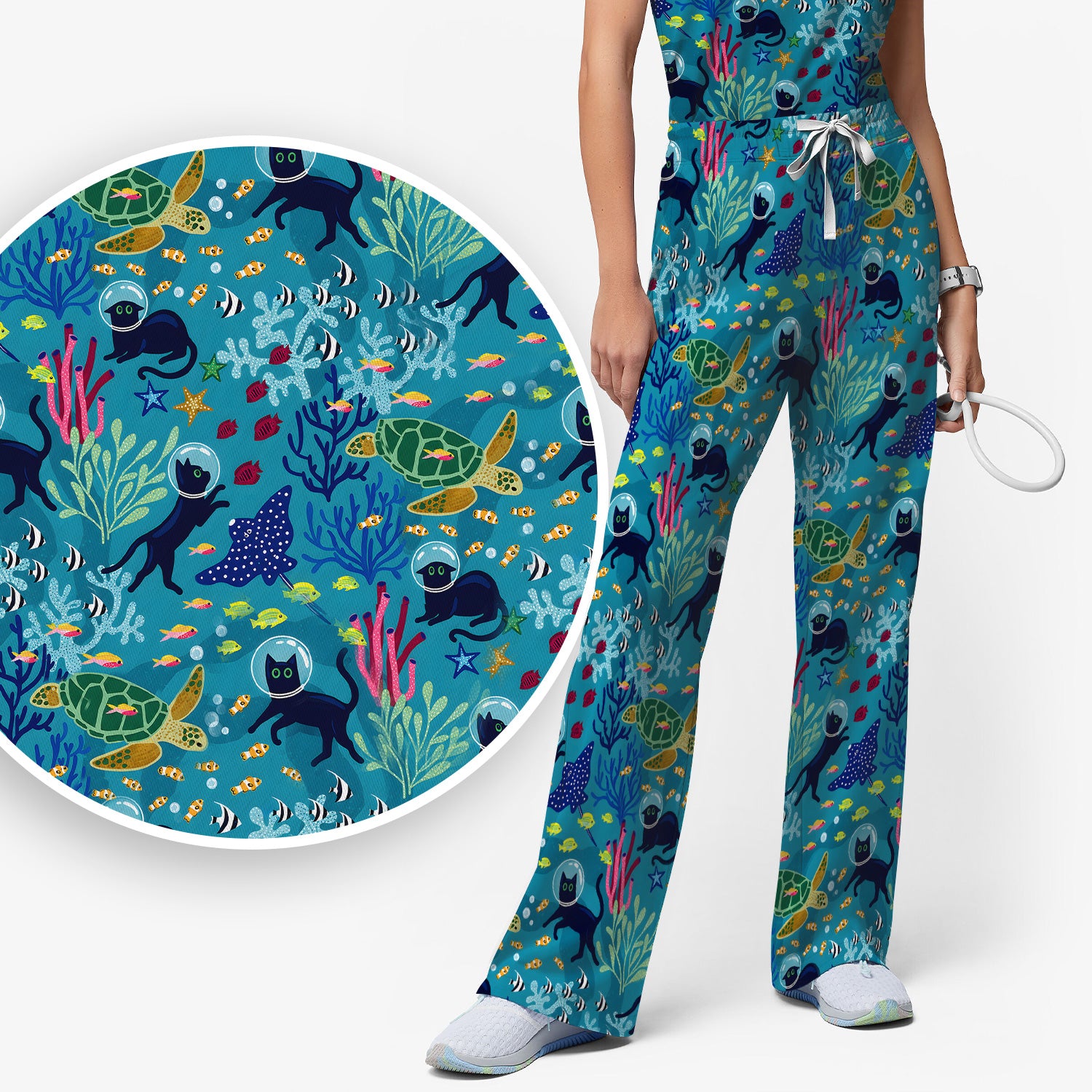 Underwater Cat Turtle Veterinary Pattern Scrub Set, Scrub Pants and V Neck Top