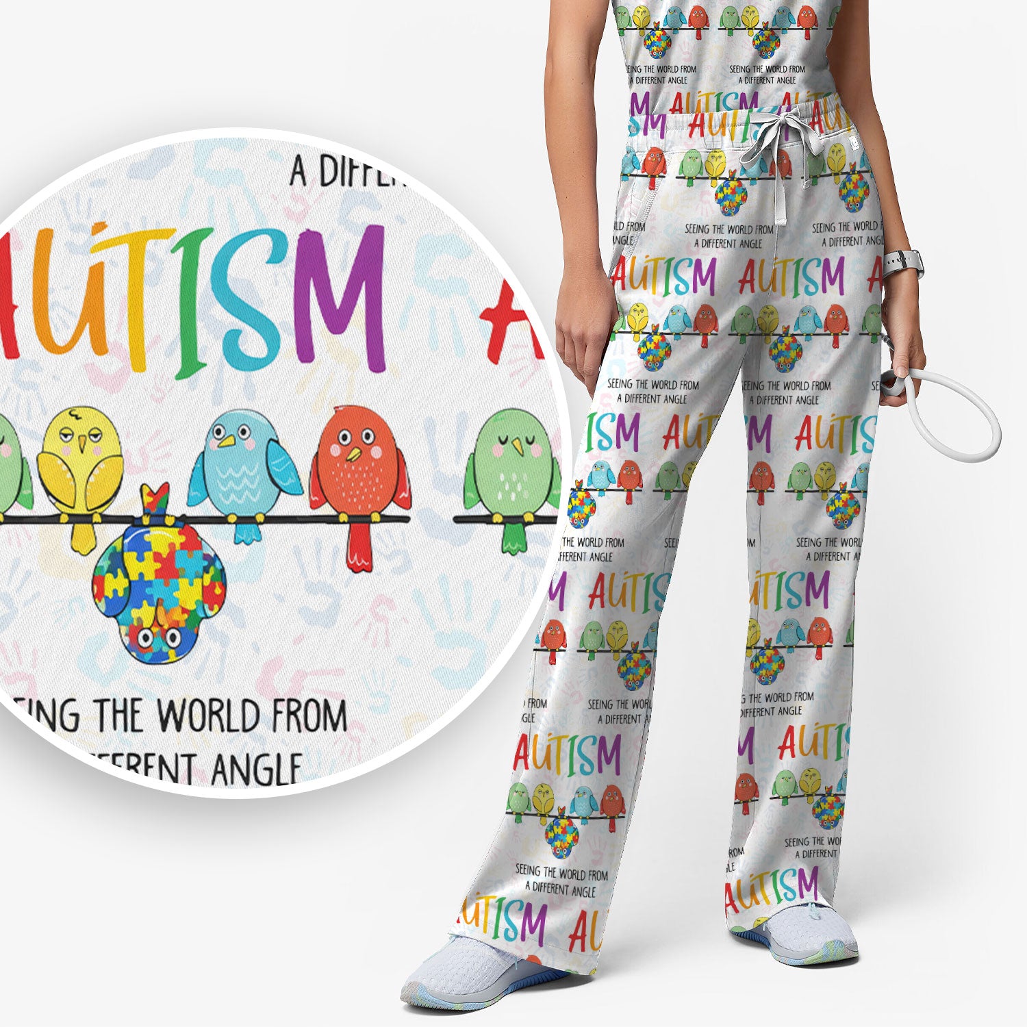 Autism Seeing The World From A Different Angle Birds Scrub Set, Breathable Med Uniform